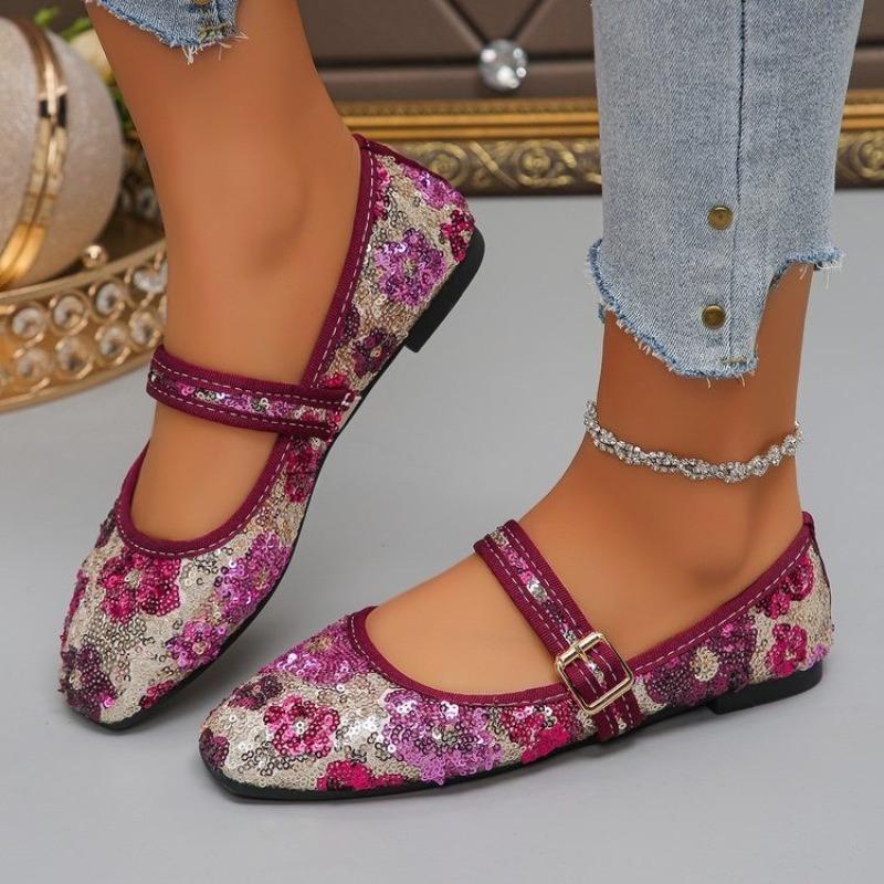 Colorful Sequin Mary Jane Shoes Women's Spring New Round Toe Shallow Mouth with Skirt Flat Slip Single Shoes