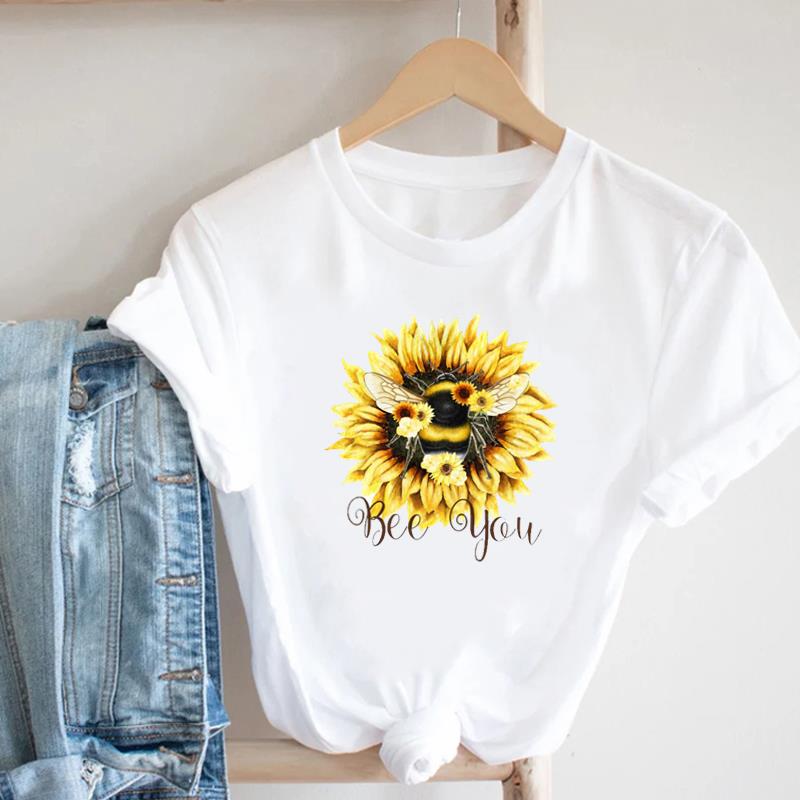 (European Size) Floral Lovely Clothing Casual Tee Bee Trend Cute Top Fashion T Shirt Short Sleeve Women Print Lady Female O-neck Graphic T-shirt