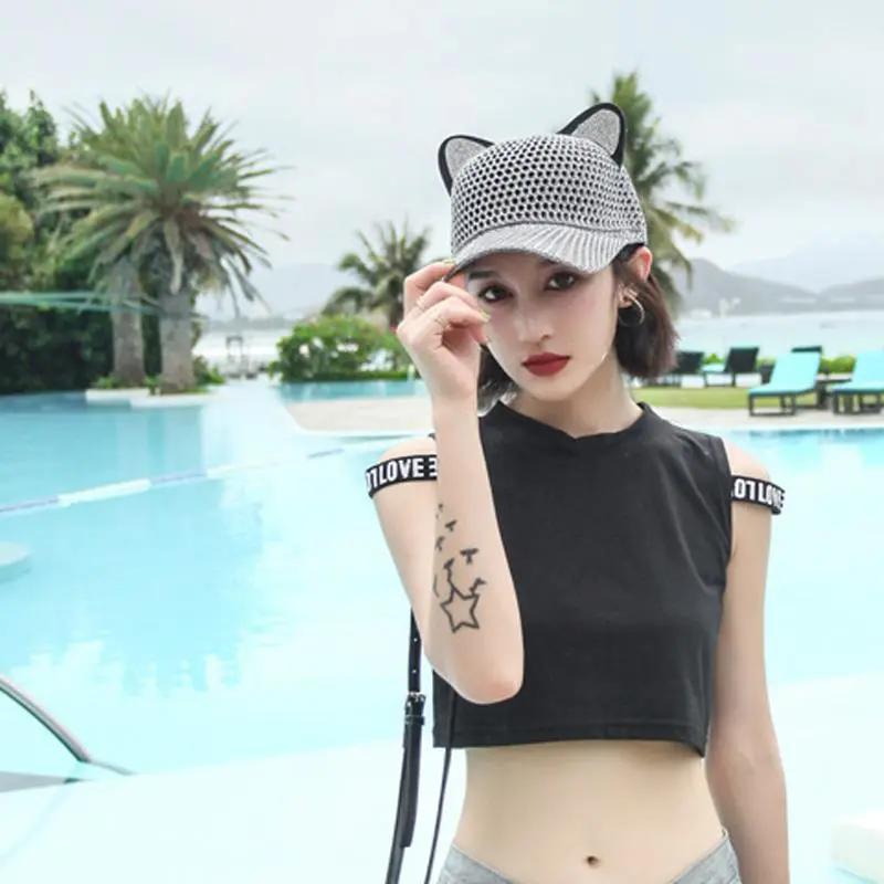 WTEMPO Women's Breathable Hollow-out Spring Summer Hats Cat Ears Shaped Cute Casual Elegant Versatile Wide Brim Travel Beach Hats