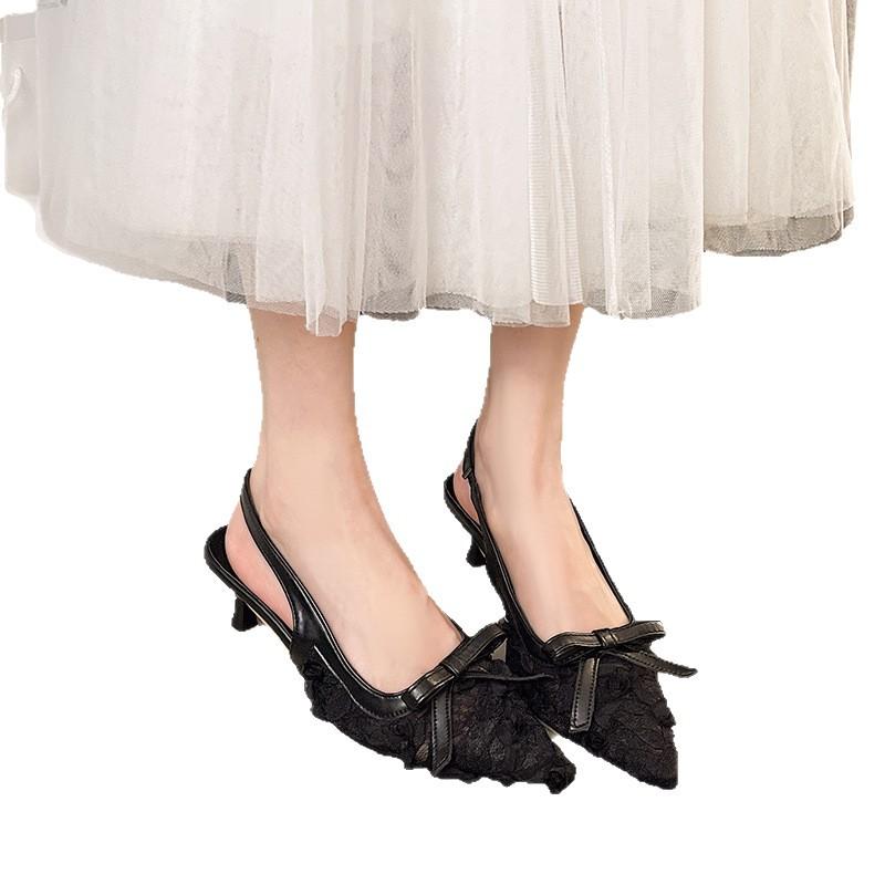 Mesh spitze High Heels Französischer Sommer neue Mode Feenstil Schleife Taschenkopf Sandalen Frau