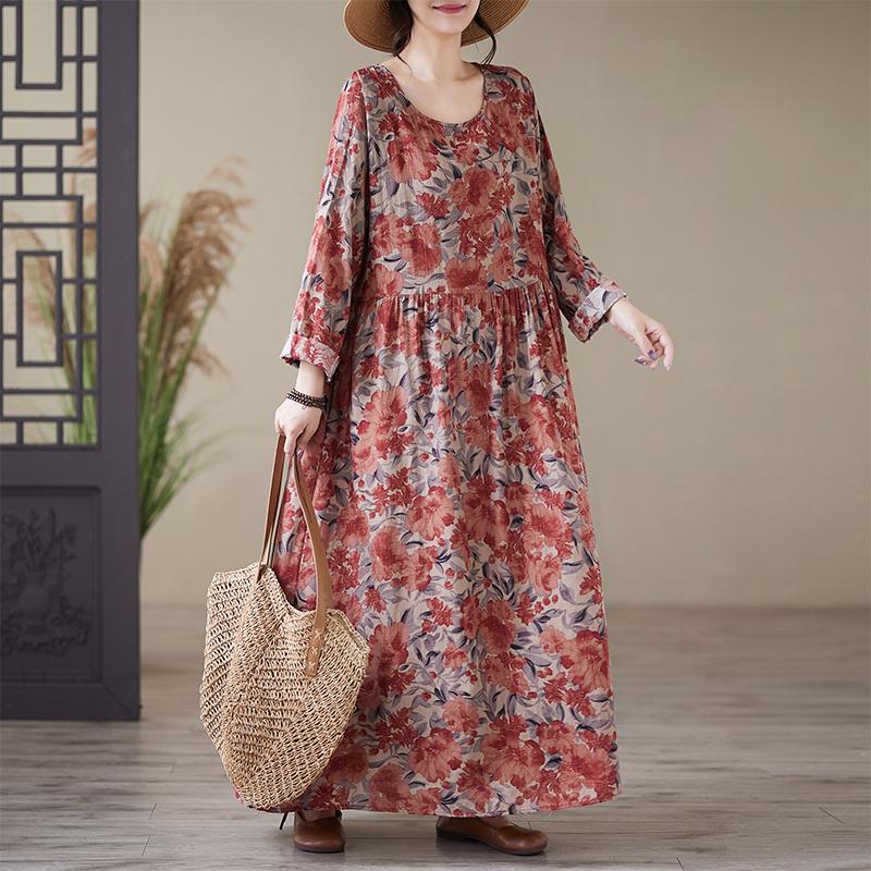 DIMANAF 2025 Damen Übergröße Frühling Sommer Langes Kleid Vintage Kleid Leinen Blumen Lockerer Stil Damen Maxikleid