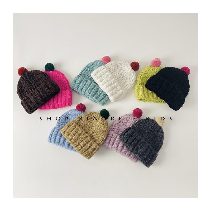 Children's Knitted Hat Autumn and Winter New Cute Fur Ball Baby Warm Ear Protection Hat Boys and Girls Hat