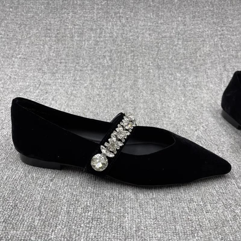 Mary Jane Tacco Basso Velluto Oes per Donna Primavera Autunno Punta Appuntita Basso Diamante Bule Interno in Pelle Suola in Gomma