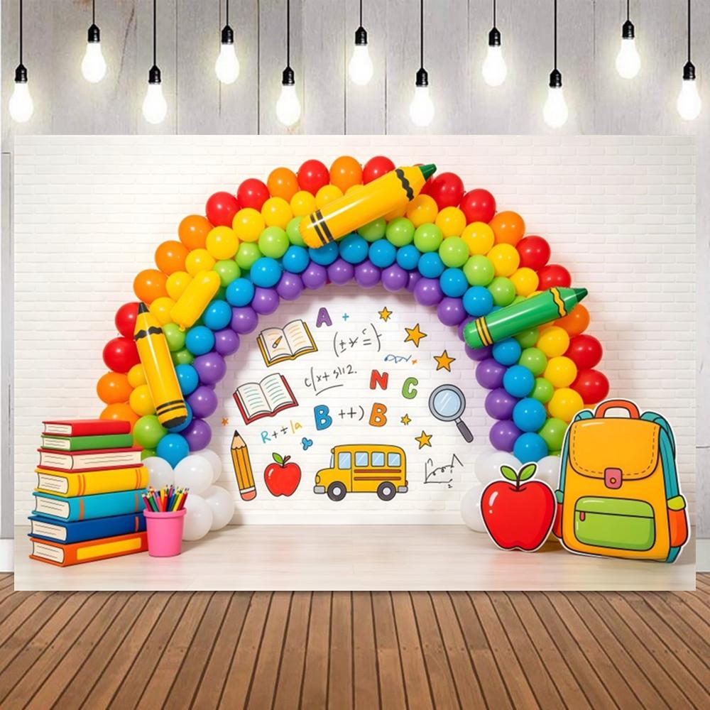 Back to School Rainbow Balloon Backdrop Stationery Pencil Ruler Backpack Globe Kids First Day of School Party Photo Backgrounds