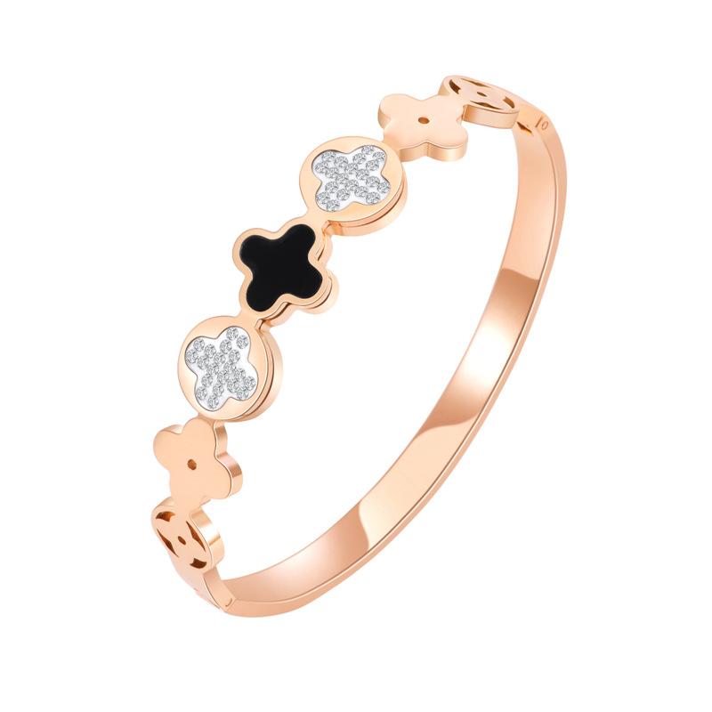 

Универсальный браслет из нержавеющей стали с рисунком в виде четырехлистного клевера, розового золота, с инкрустацией бриллиантами, открытый дизайн, позолота не выцветает розового золота