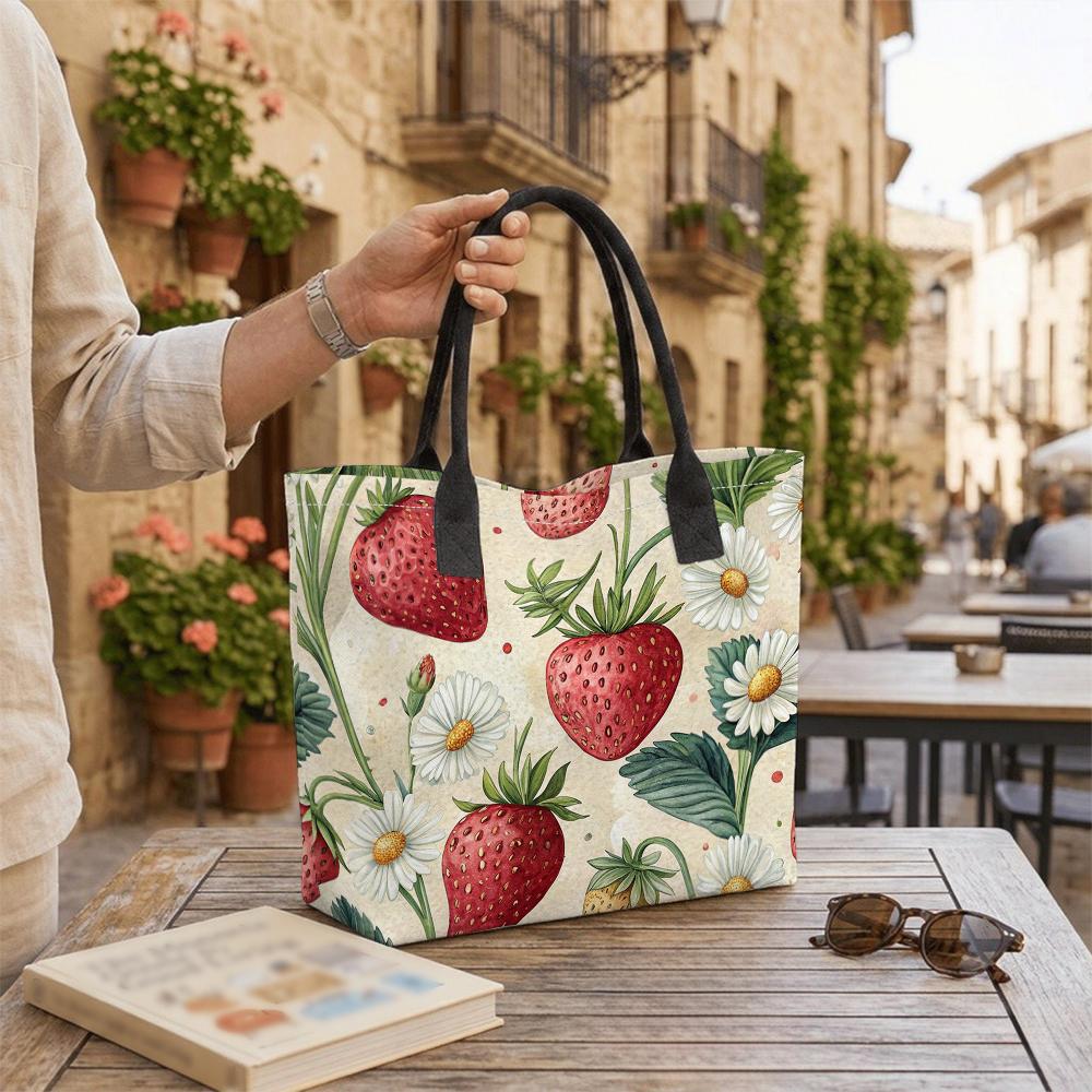 Strawberry Daisy Print Tote Bag Casual Large Capacity Daily Shopping Shoulder Bag for Women