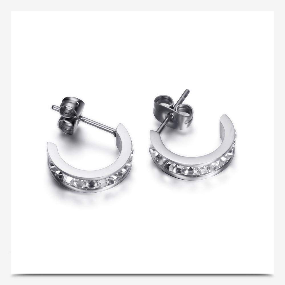 Fashionable European 14MM C-Shaped Zircon Stud Earrings, 2MM Stainless Steel, Versatile and Stylish for Women