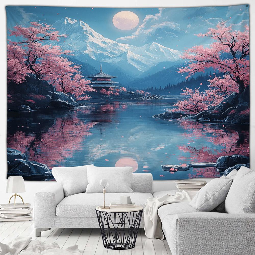 Japanese Landscape Tapestry Pink Cherry Blossom Flowers Misty Mountain Asian Scenery Home Living Room Bedroom Decor Wall Hanging