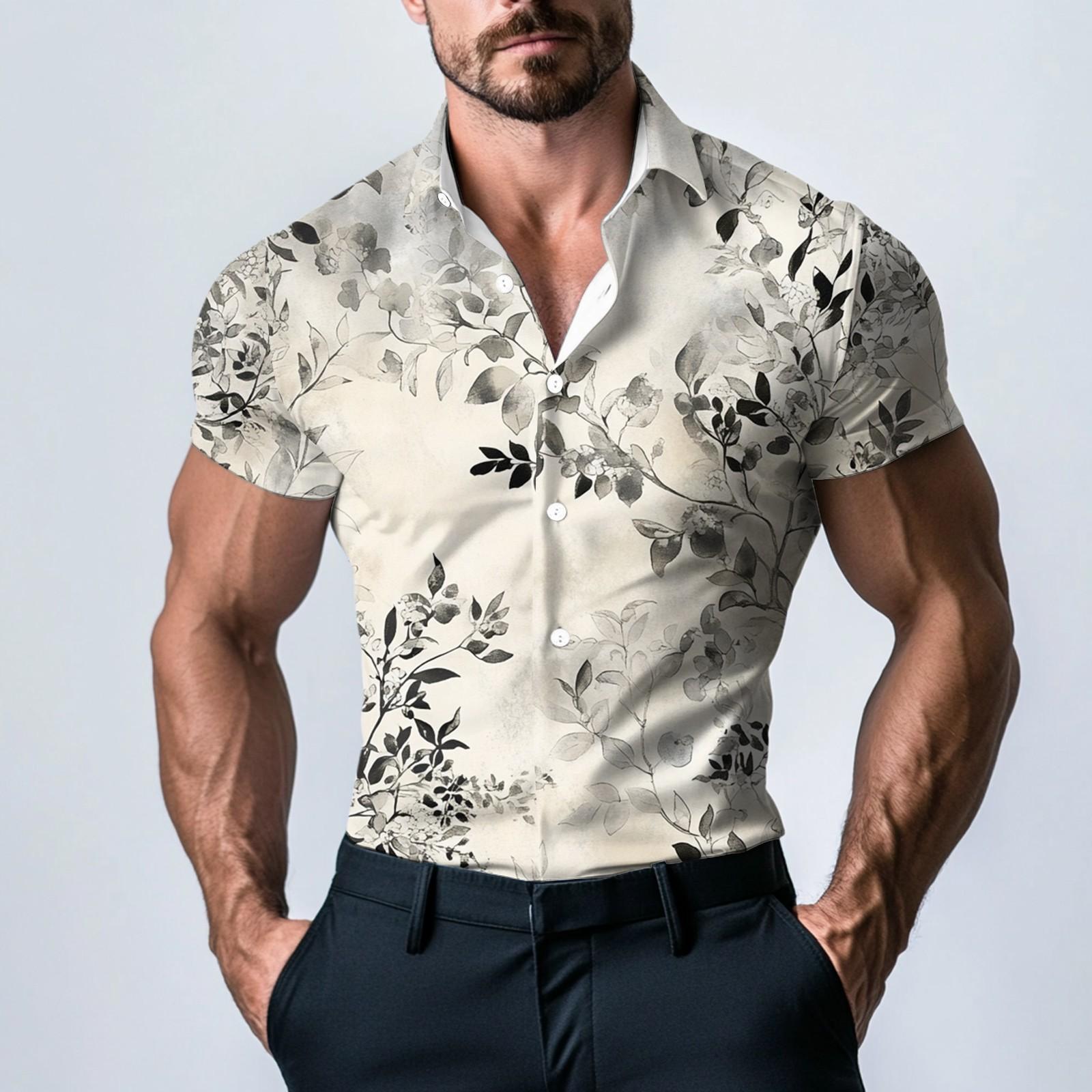 

Мужская модная атласная рубашка с коротким рукавом с принтом M бежевый