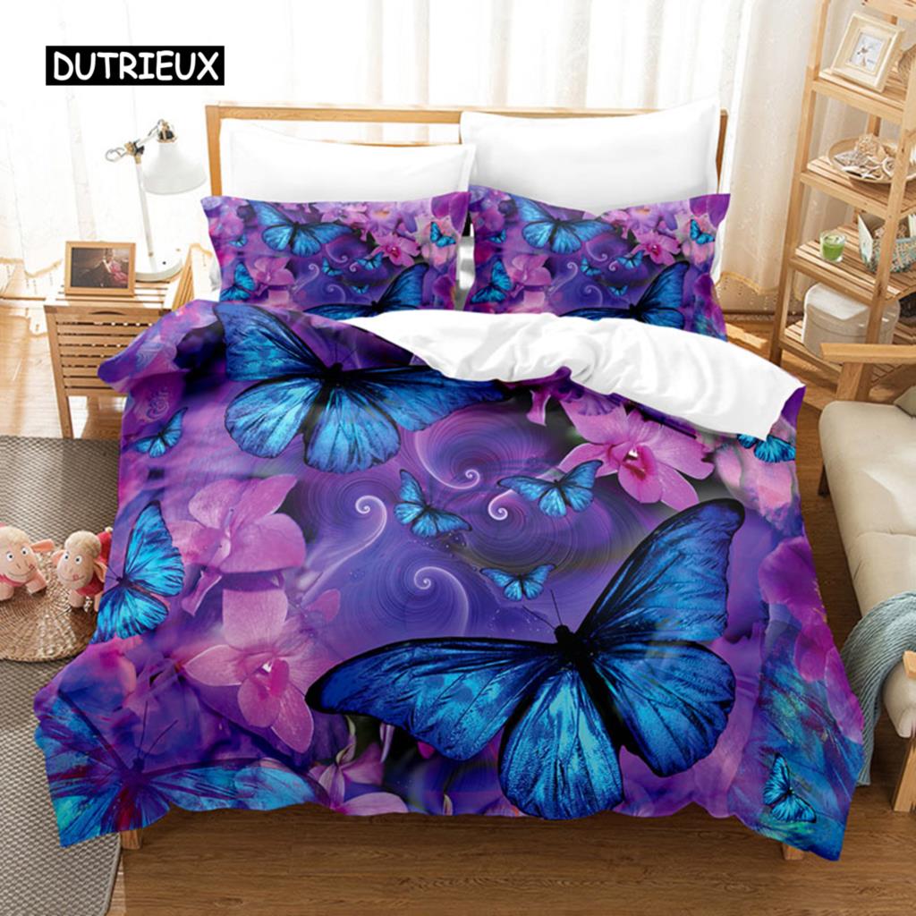 Purple 3D Bedding Set Polyester Duvet Cover Queen King Twin Single Lavender Butterfly Quilt Cover
