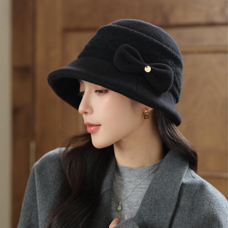 Autumn and winter thickened warm knitted basin hat women's bow bucket hat versatile face little mother hat women's