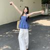 Pure desire wind neck blue plaid pleated suspender vest women's summer Korean retro chic streamer waist top