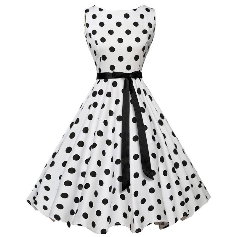 Retro Women's Polka Dot Sleeveless Swing Dress with Bow Tie Waist