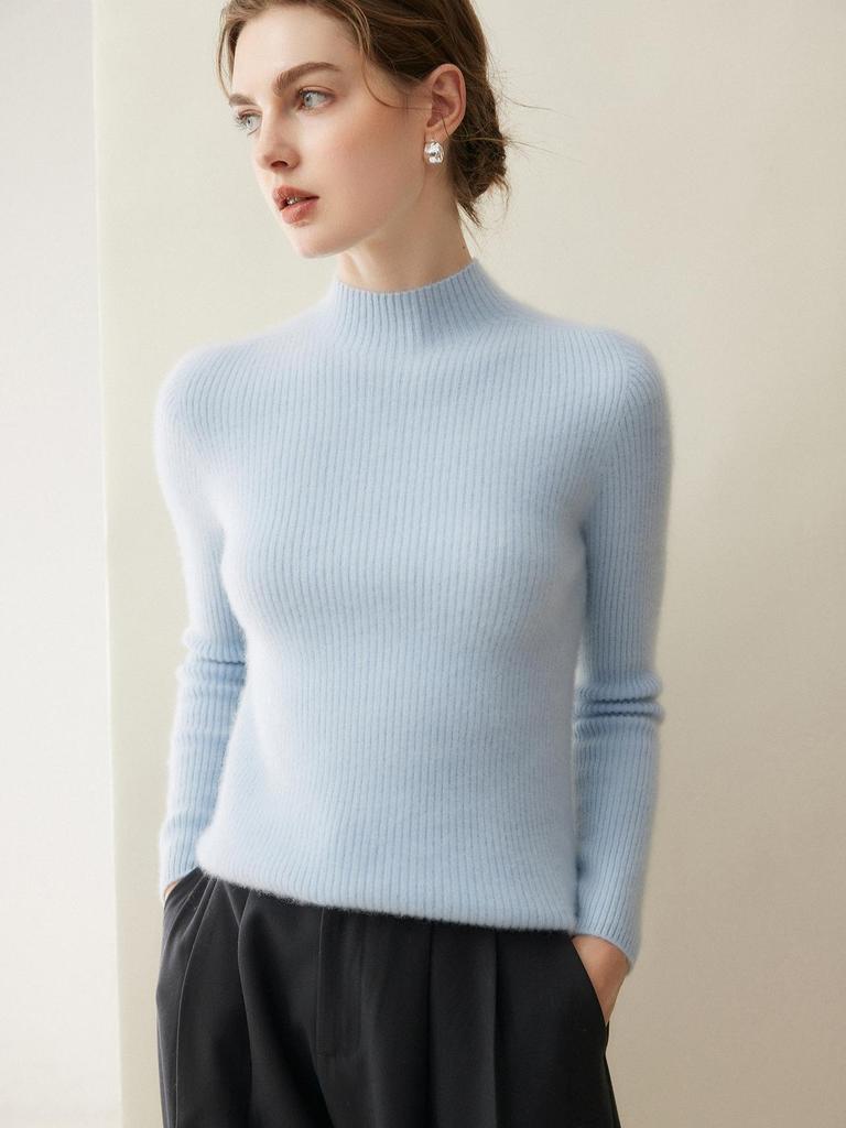 Women's 100% Cashmere Long Sleeve Knit Sweater - Half-High Neck, Tight-Fitting, Versatile Base Layer for Autumn/Winter.