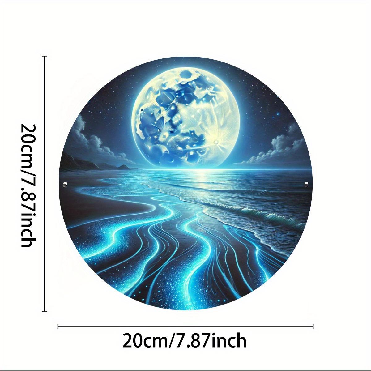 x Inch Round Metal Tin Sign  Ocean Sky  Full Moon Wall Art with Vibrant Blue Waves  Starry Night Design 20x20cm(8x8inch)