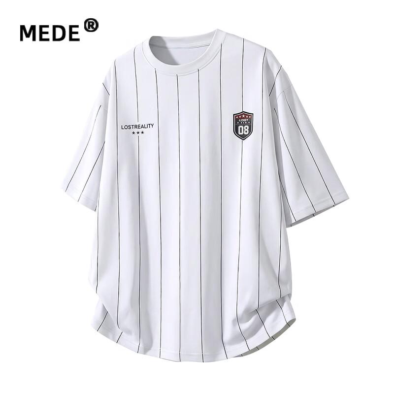 MEDE Men s Vertical Stripe Badge Print Loose Fit T-Shirt XL