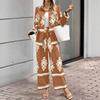 Women's Loose Fit Two Piece Outfit Long Sleeve Printed Shirt Elastic Waist Wide Leg Pants Set