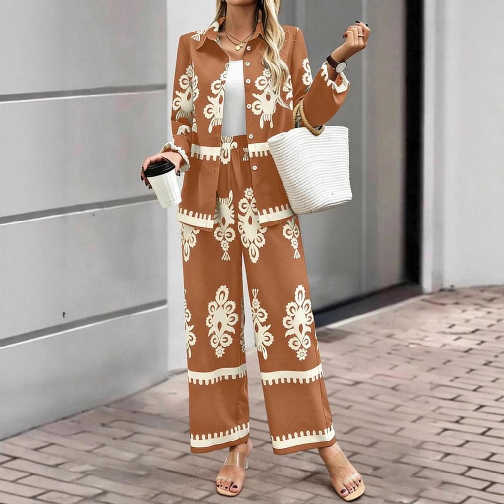 Women's Loose Fit Two Piece Outfit Long Sleeve Printed Shirt Elastic Waist Wide Leg Pants Set