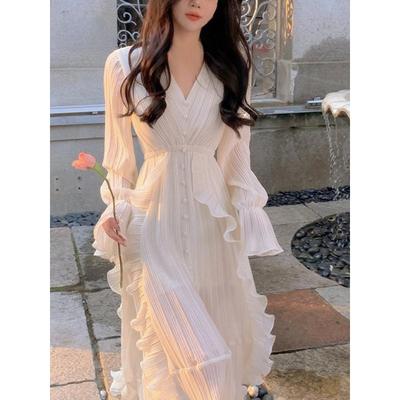 Pure Color French Elegant Dress Woman Long Sleeve Fairy Midi Dress Casual Summer Slim Party One Piece Dress