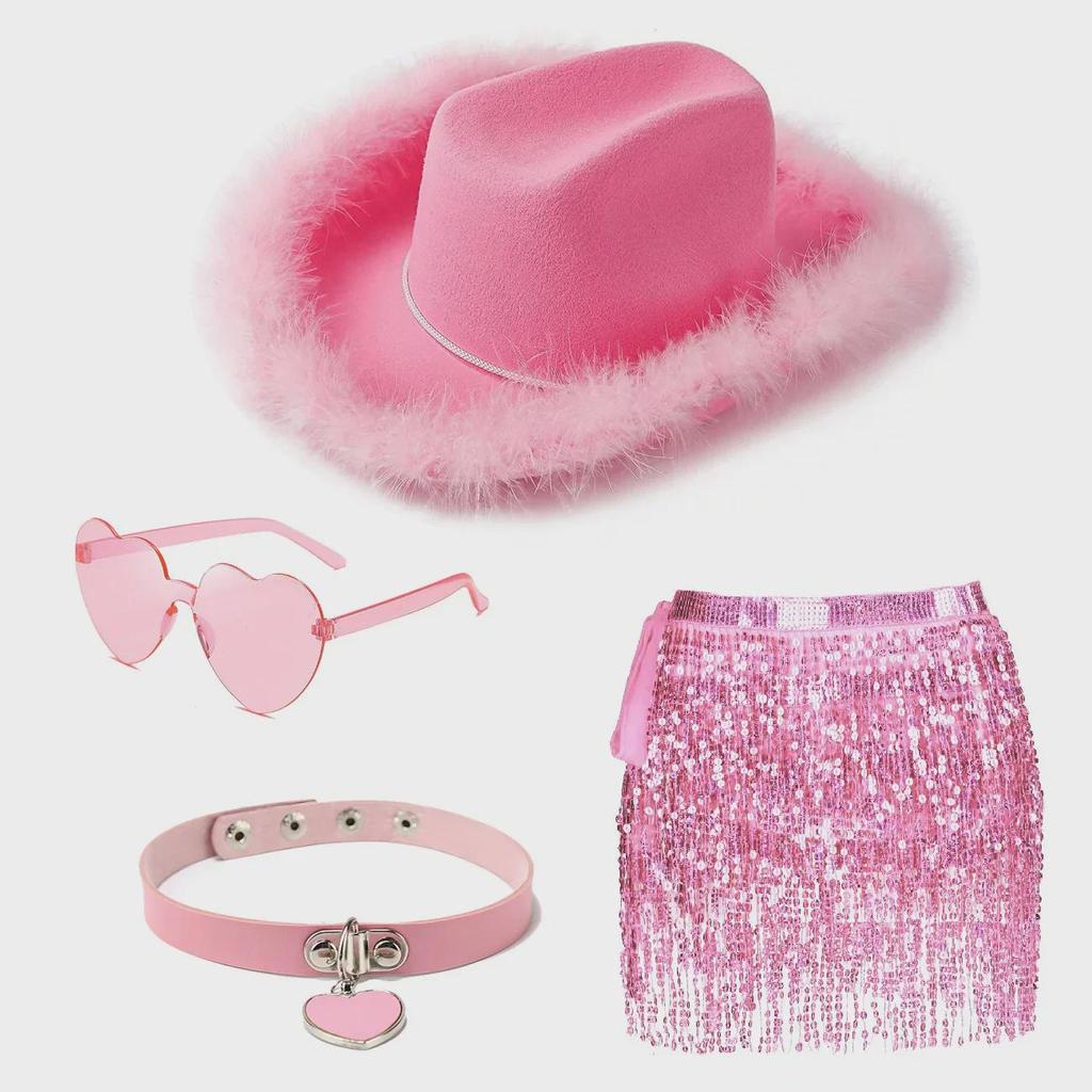 Grenzüberschreitender pinker Western-Cowboyhut, Sonnenbrille, quadratisches Tuch, Pailletten-Tanzrock, Party- & Hochzeits-Halloween-Kleid