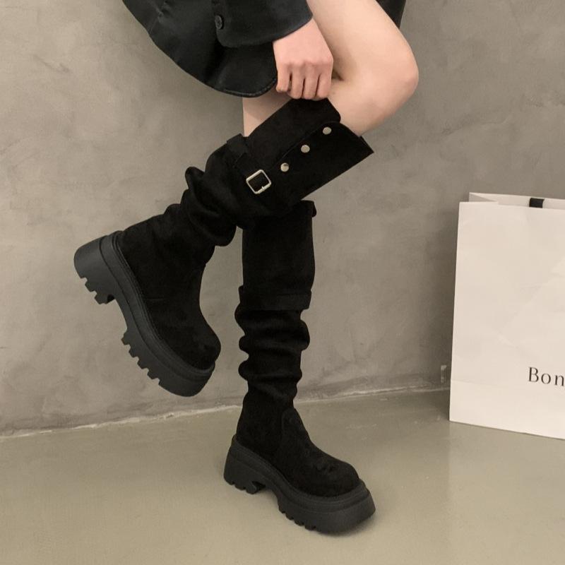 Korean Version of Casual Platform Boots Children's Sleeve Round Head 2025 Autumn New Thick Heel Knee Knight Women's Boots