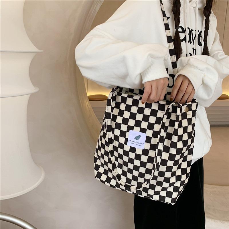 1 retro corduroy checkerboard shoulder tote bag female student class canvas bag simple hand bag