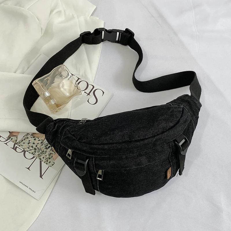 Casual Waist Bag Ladies Designer Denim Fanny Pack Fashion Travel Money Phone Chest Banana Bag Large Capacity Female Bum Belt Bag