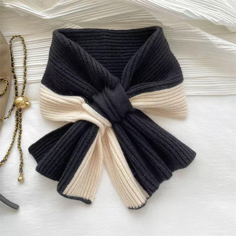 Korean Bowknot Knit Wool Scarf: Stylish Color-Block Neck Warmer for Fall & Winter 85cm