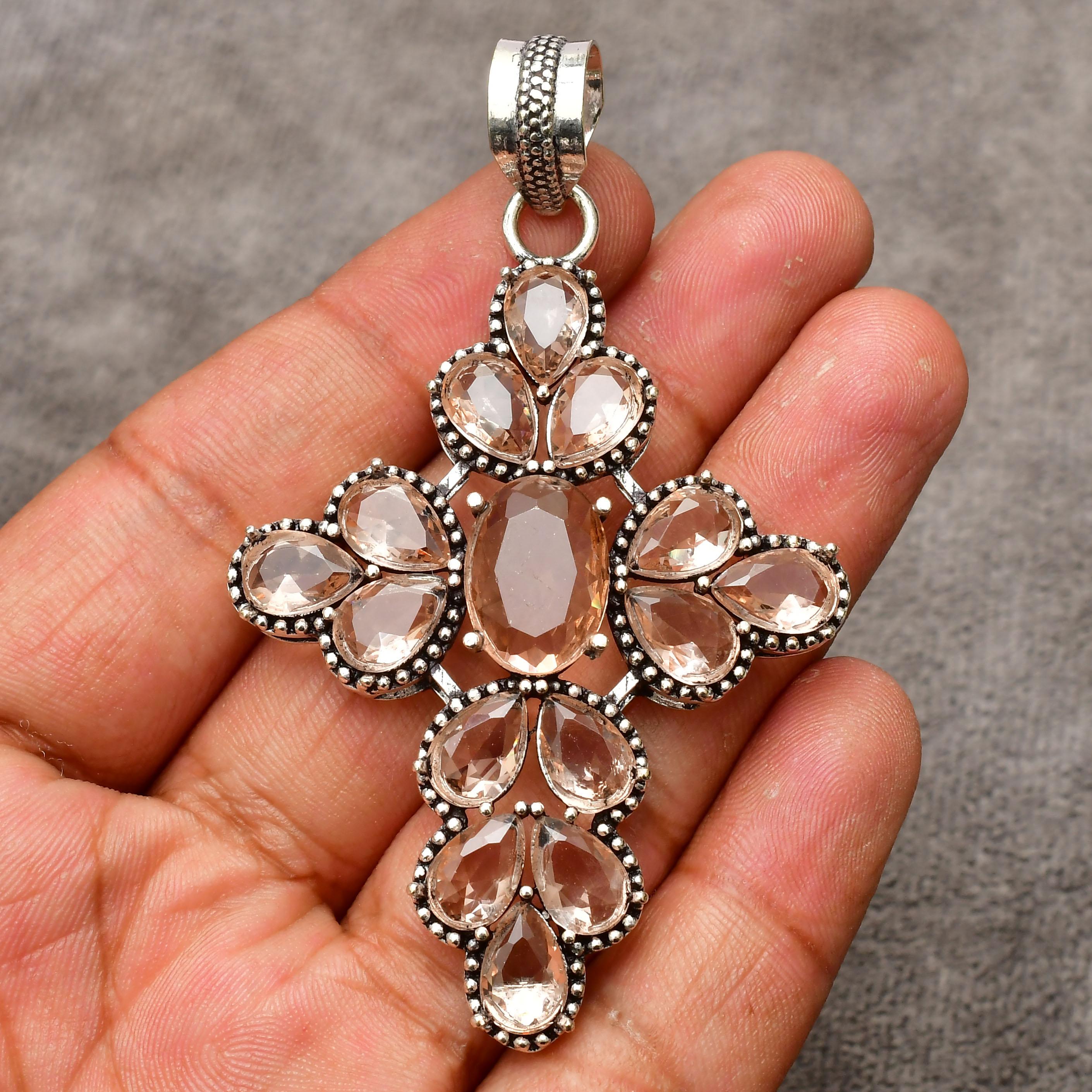 Morganite Gemstone Cross shape Pendant : 925 Sterling Silver Handmade Jewelry Pendant 2.75 Inch персиковый