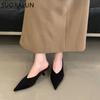 Fashion SUOJIALUN 2025 Autumn Women Slipper Fashion Pointed Toe Sahllow Slip On Mules Shoes Thin High Heel Outdoor Dress Sandal Pumps