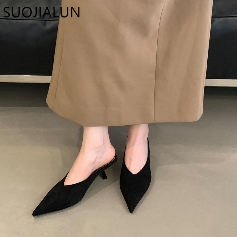 Fashion SUOJIALUN 2025 Autumn Women Slipper Fashion Pointed Toe Sahllow Slip On Mules Shoes Thin High Heel Outdoor Dress Sandal Pumps