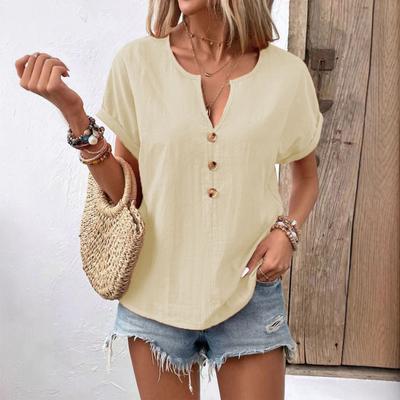 Koszula Damska Dekolt V Ozdoby z Guzików Krótki Rękaw Luźny Krój Koszula Jednolity Kolor Casualowa Letnia Koszulka Do Noszenia na Co Dzień