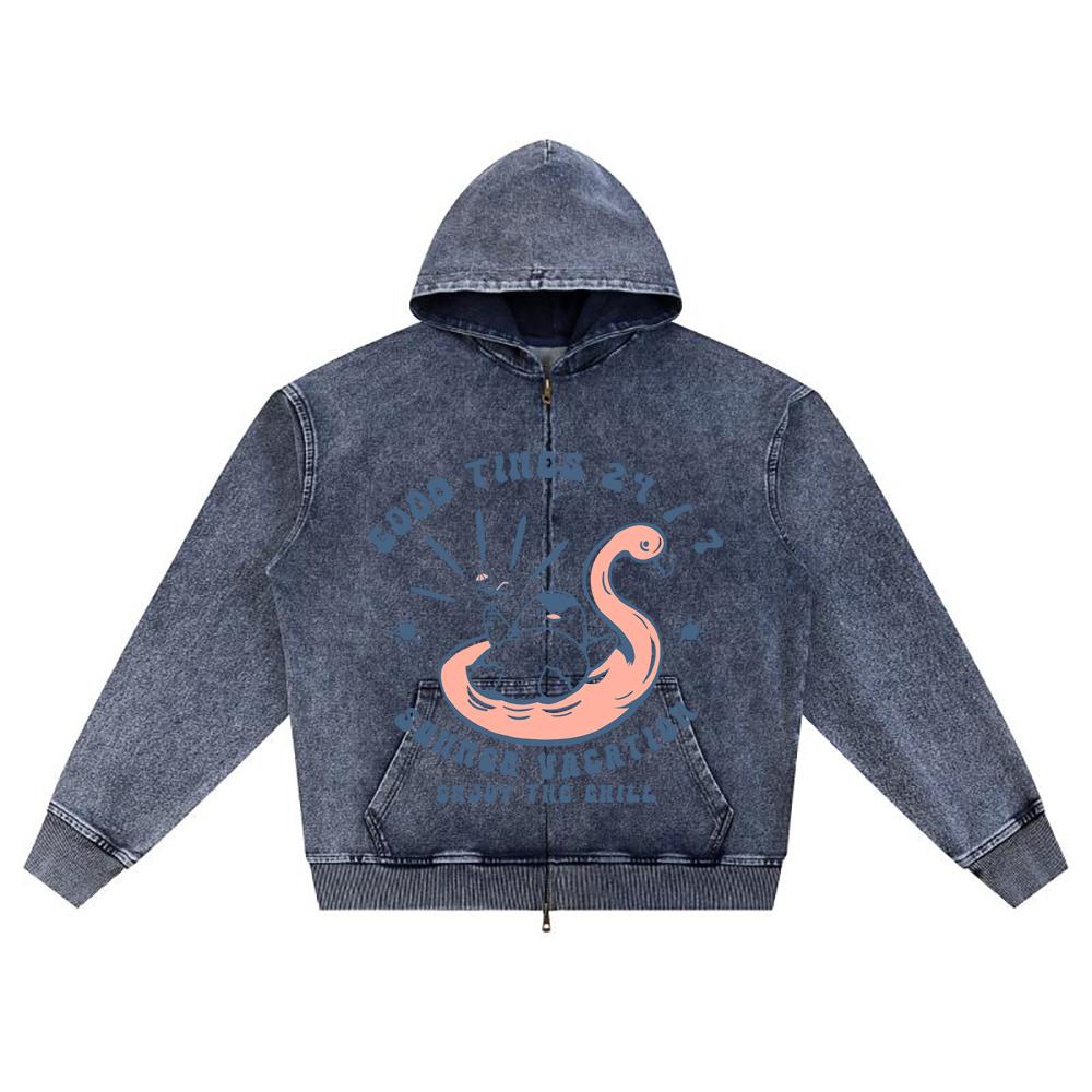 DTG-Druck Strick-Denim-Kapuzenpullover mit Reißverschluss, Vintage-Sommer 12 Brother Print Zipper Hoodies  