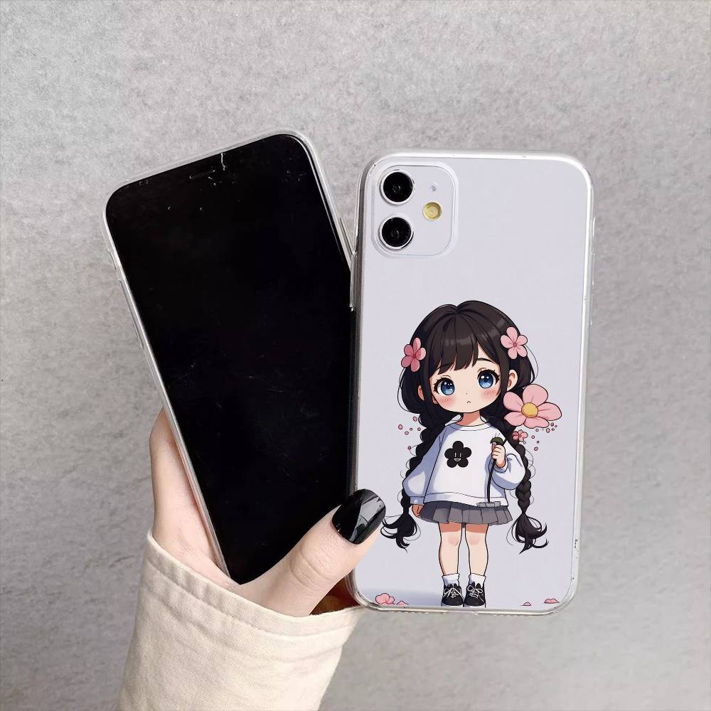 Cartoon Girl Pattern Phone Case For iPhone17,16,15,14,13,12,11 Plus,Pro Max Soft Transparent Cover