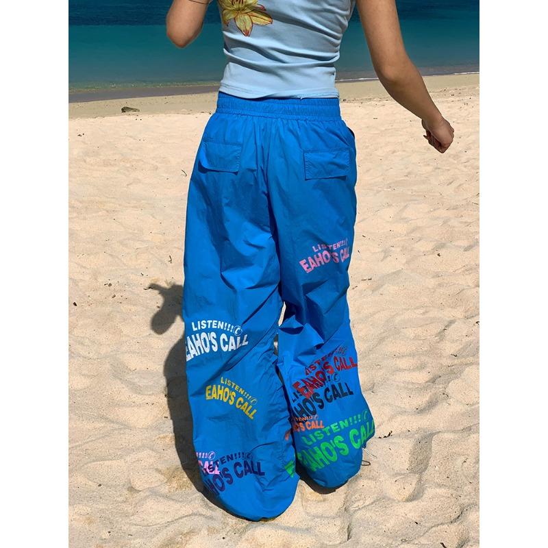 

Retro Simple Letter Print Drawstring Wide-leg Pants Summer Men s and Women s Loose Casual Paratrooper Pants Slim Trousers M синий