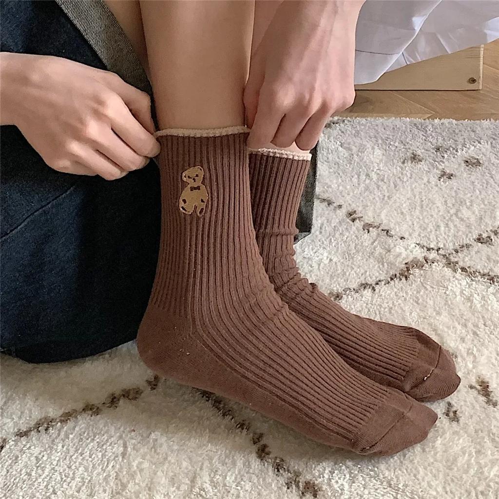 5 Paar Cartoon Bär Socken Weiche Baumwollsocken Herbst Kaffee Strümpfe Kawaii Damen Socken Koreanische Freizeitstrümpfe Damenstrümpfe