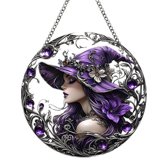 Halloween Witch Black Cat Hanging Sign 2D Flat Acrylic Broom Witch Round Sign Indoor Outdoor Porch Door Hanger Wall Hanging Decoration