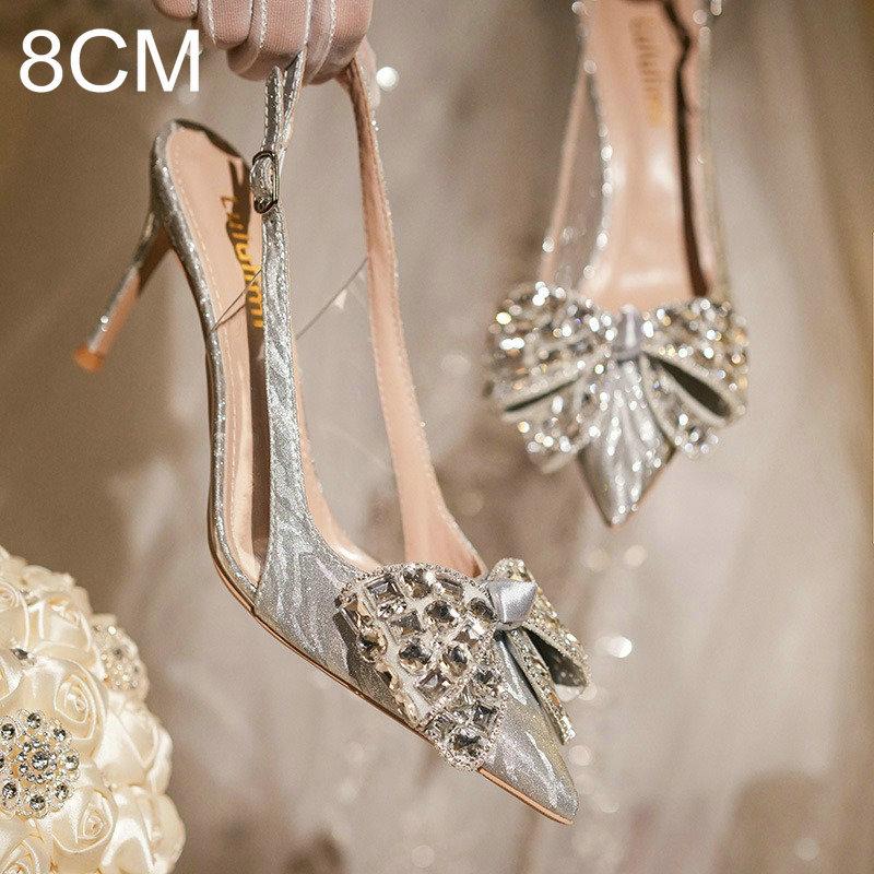 Fashion 2025 New Crystal Wedding Shoes Thin Heel Pointy Baotou Autumn Bride Shoes Fashion Rhine-Diamond Bridesmaid High Heel Sandals