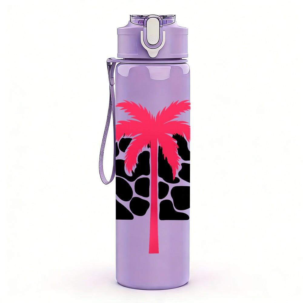 1PC Palm Tree Black Spot Print 750ml Color Plastic Sports Water Bottle Leakproof Flip Straw Lid Suitable for Sports Office Home Use