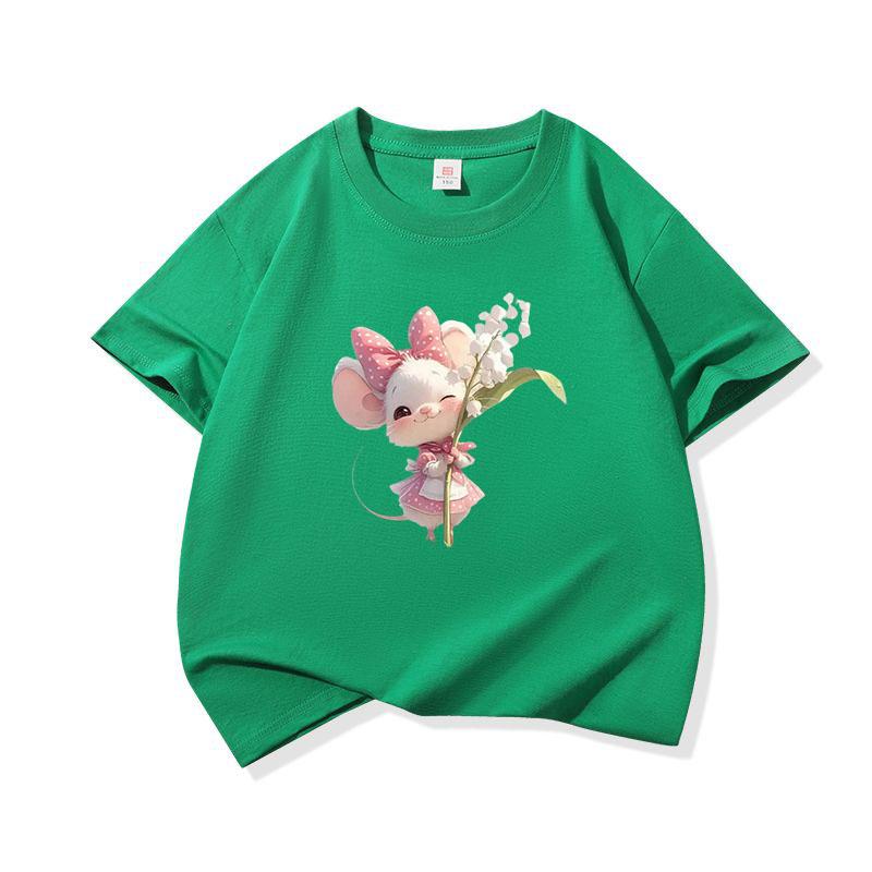 Kids Cotton T Shirt Sweet Mouse With Lily Flower Print Crew Neck Short Sleeve Tee Casual Boys Girls Summer Tops