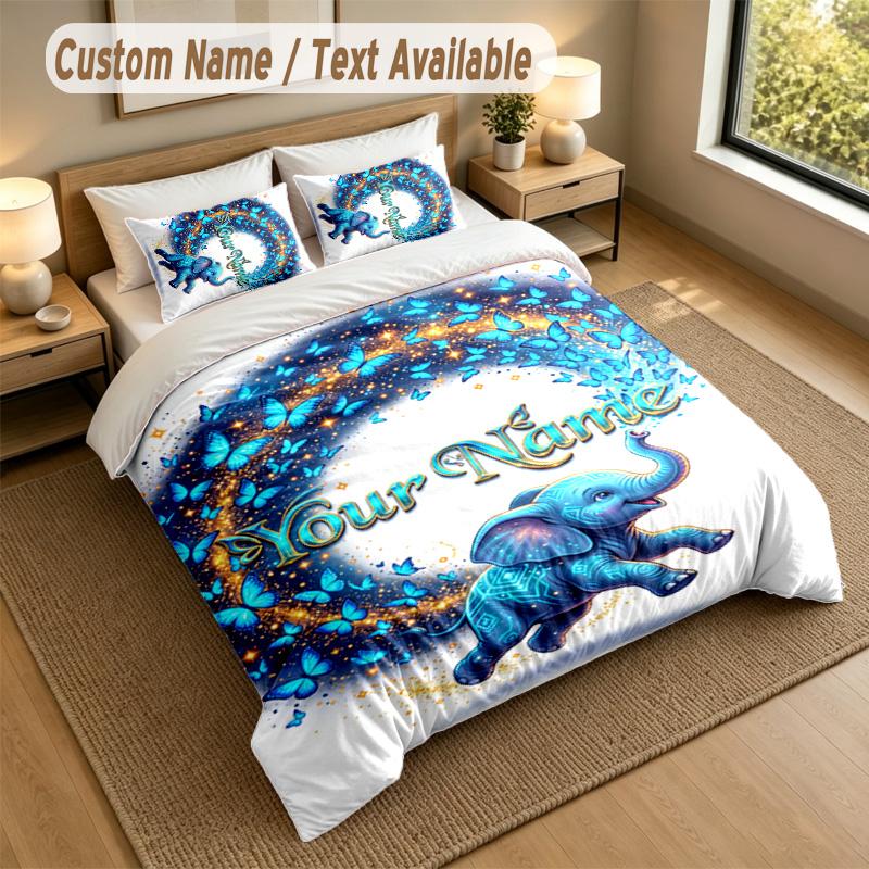 Elephant Theme Personalized 3Pcs Bedding Set Custom Text & Name 1 Sheet 2 Pillowcases Household Bedding 1pc