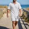 Men's Casual Retro Waffle Knit Short Sleeve Zip Collar Shirt with Drawstring Waist Shorts Set Lightweight Breathable Fabric Summer Outfit