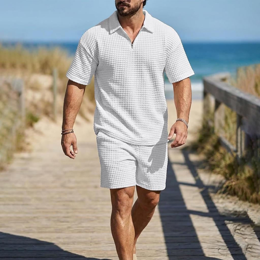 Men's Casual Retro Waffle Knit Short Sleeve Zip Collar Shirt with Drawstring Waist Shorts Set Lightweight Breathable Fabric Summer Outfit