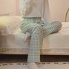 Korean Style Women's Imitation Cotton Pajama Set: Solid Color Long Sleeve Top & Plaid Trousers for Spring and Autumn