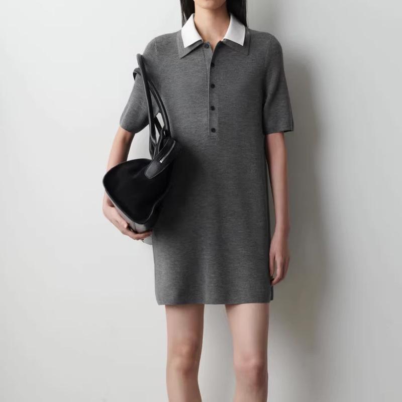 

Gray A-line Knitted Short-Sleeve Dress for Spring and Autumn - Casual Commute Style, 2026 Spring Collection Extra Small серый