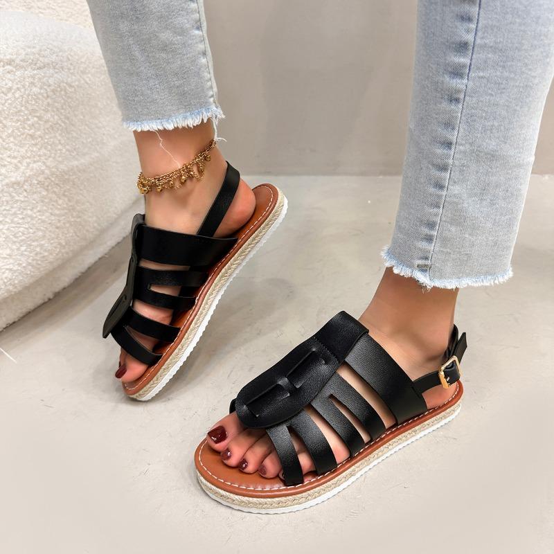 

Fashion Women s Flat Shoes Summer New Style Round Head Open Toe Metal Buckle Soft Soled Anti-slip Wear-resistant Sandals 36