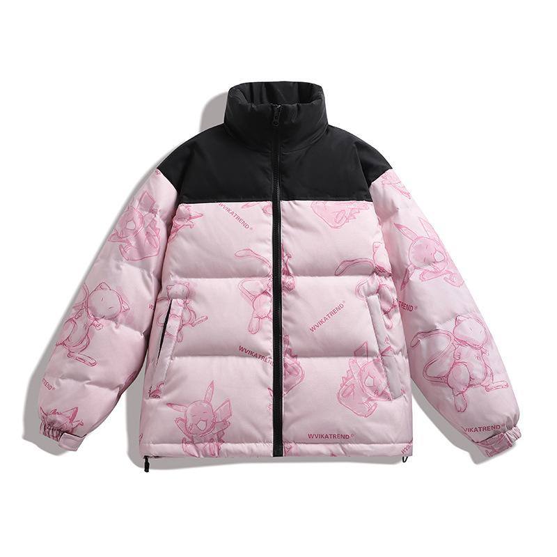Men's Versatile Winter Down Jacket with Little Monster Print & Stand Collar