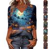 Women's Halloween Print Shirt Three Quarter Sleeve Round Neck Loose Casual Blouse T Shirt Suitable for Seasonal Wear and Everyday Use