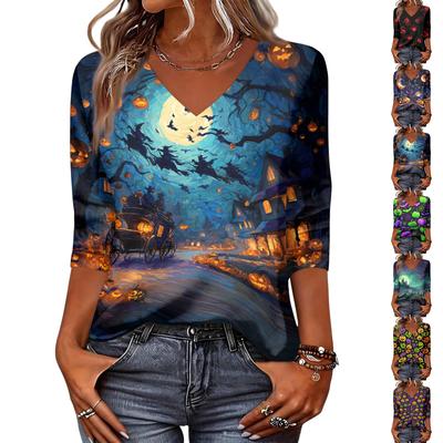 Damen Halloween Print Shirt Dreiviertelarm Rundhals Locker Lässig Bluse T-Shirt Geeignet für Saisonale Kleidung und Täglichen Gebrauch