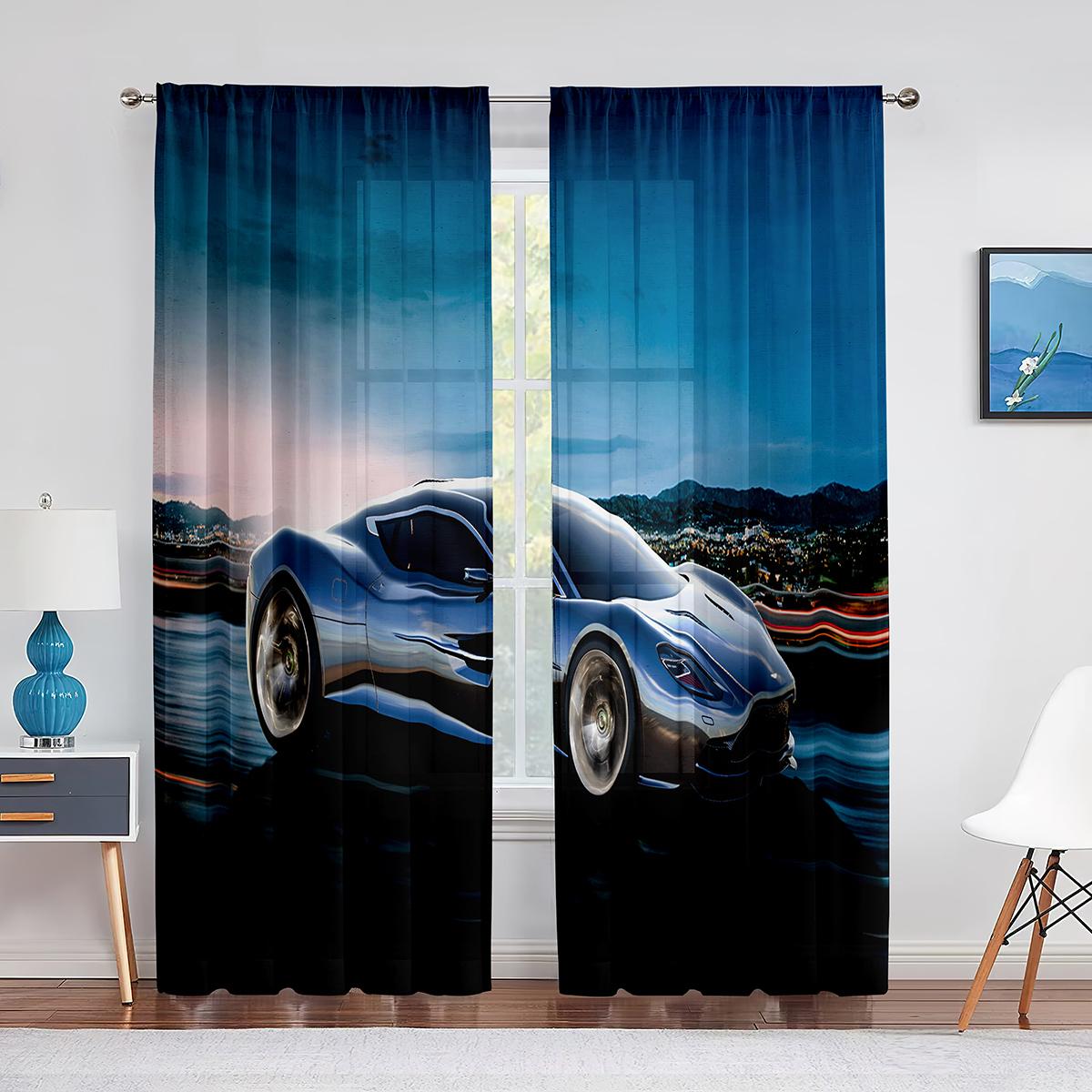 Тюлевые шторы со спортивным автомобилем и американским флагом для спальни — фото 7